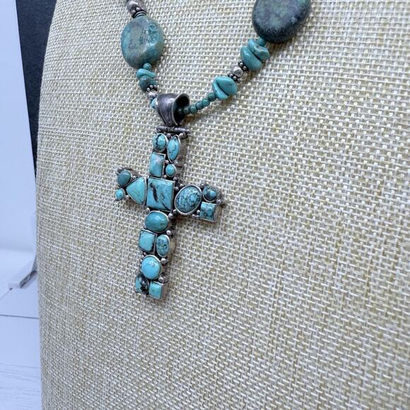 Vintage Blue Green Turquoise Sterling Silver Cross Pendant and Necklace 81 grams - Picture 3 of 11